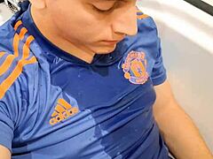 Cute European twink pisses and cums hard