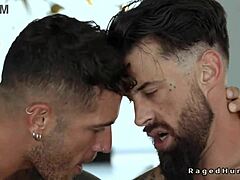 Bareback gay anal threesome with raw group energy.