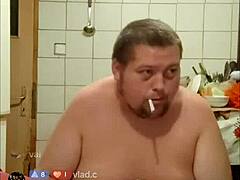 Solo stud strokes hard over desk in private