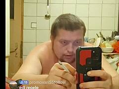 Solo stud strokes hard over desk in private