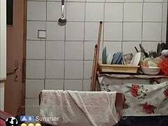 Solo stud strokes hard over desk in private