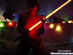 Nerdy BBW pornstar toys with lightsaber and masturbates 😏