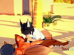 furry yiff yaoi hentai 3d - 2 dogs blowjob on beach with cum in mouth - hard sex animation
