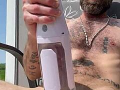 I am verbal daddy bradley k savage using electric blowjob machine outside