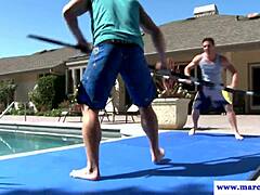 Straight jock licks and sucks gay cock outdoors