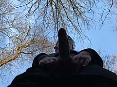 In the shadow, I stroke my 9 inches cock with a sexy European twink handjob outdoors.