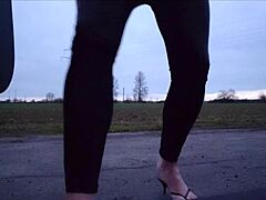 i feel so excited in latex leggings and shoes for my first crossdresser outdoor adventure