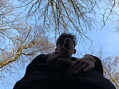 In the shadow, I stroke my 9 inches cock with a sexy European twink handjob outdoors.