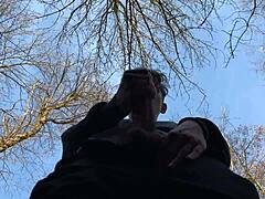 In the shadow, I stroke my 9 inches cock with a sexy European twink handjob outdoors.