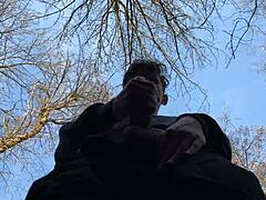 In the shadow, I stroke my 9 inches cock with a sexy European twink handjob outdoors.