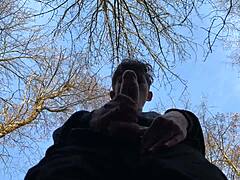 In the shadow, I stroke my 9 inches cock with a sexy European twink handjob outdoors.