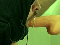 in a casual solo session, he grabs the dildo and starts thrusting while sucking it eagerly for fun.