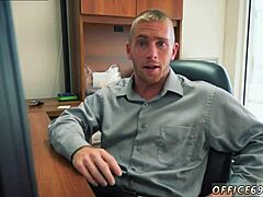 Male twins give blowjob to straight boss in taboo office encounter with kissing.