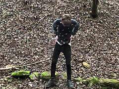 the horny cute european boy steps outdoors in snowy weather, stroking his big dick with intense focus until climax.