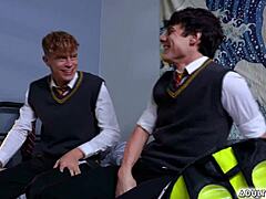 Horny Asher Day finds a dildo in the backpack and starts masturbating. Harley Xavier catches him and they end up kissing and fucking bareback.