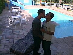 Poolside Brazilian Twink Couple: Bent Over Doggy Rimjob to Hard Missionary Cum?