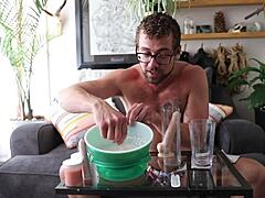 Oh fuck, gay pornstar rides homemade dildo!
