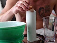 Oh fuck, gay pornstar rides homemade dildo!