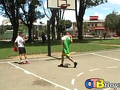 Latino twinks hit the sports field then switch to bareback anal and blowjobs with monster cocks