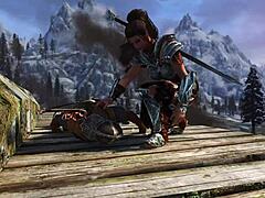 Hey after Skyrim battle these lesbians finger and orgasm outdoors in comfy aftermath