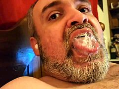 bisexual dude blows massive cum bubbles straight from load in mouth