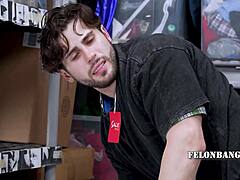 Shoplifter Michael Vente surrenders ass to Leo Esteban in garage punishment bareback!
