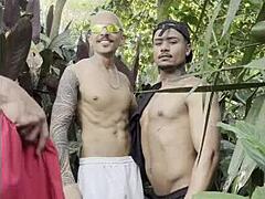 bisexual guys enjoy interracial fun in the park