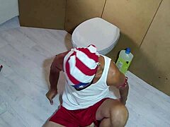 Dirty pig cleans toilet with tongue and dildo 😈