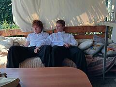 Two students suck each other then top wrecks twink ass