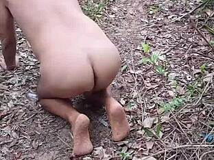 Shemale goes wild in woods