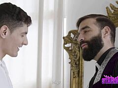 Damn, priest Leandro's huge bearded dick wrecks this sexy twink rider!